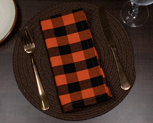 Purpleessences Cloth Dinner Napkins Buffalo Check Gingham Plaid 18 X 18 Set Of 12-100% Cotton Soft Durable Fall Autumn Decorations Thanksgiving Christmas - Everyday Use Table Linen - Orange Black #TOP2