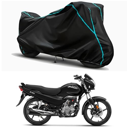 Image of Waterproof Bike Body Cover Compatible for | Hero Super Splendor BS6 | Taffeta Fabric, Sky Piping Design, Bottom Elastic Fit | Dustproof, Sun UV & Rain Protection for All Weather.