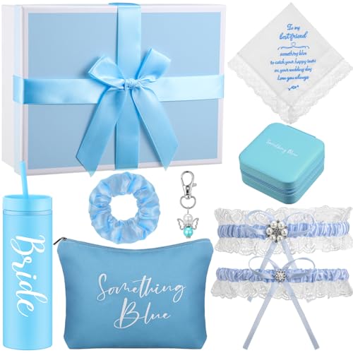 8 Pcs Something Blue Wedding Gift for Bride Wedding Handkerchief 16 oz Skinny Acrylic Tumbler Lace Garter Belt Angel Bouquet Charm Bridal Cosmetic Bag Scrunchies Gift Box Jewelry Case
