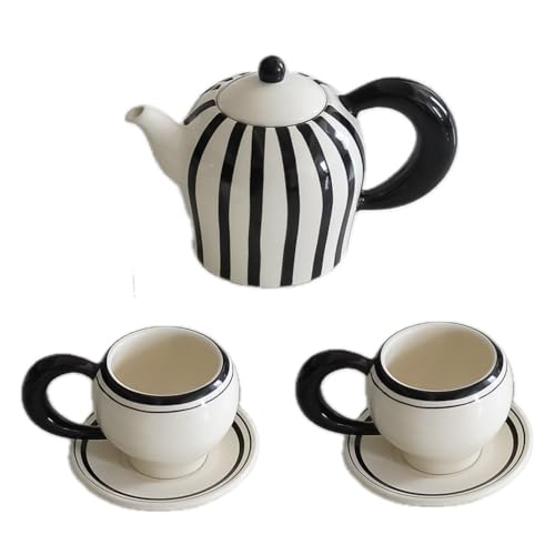 Handcrafted Black and White Striped Vintage Ceramic Teapots Coffee Makers and Mugs 5-piece Afternoon Tea Set