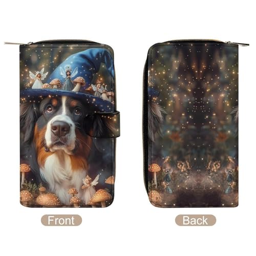 Bernese Dog In A Fairy Forests Womens PU Leather Wallet Long Purse Clutch Organizer for Office Travel3