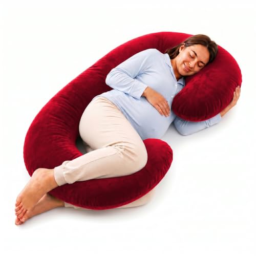 Image of Amazon Basics Full Body Pregnancy Pillow for Maternity, Baby Nursing,Full Body Support -Abdomen,Hip, Spine, Neck& Leg Support Cushion| Perfect Baby Shower Gift |C-Shaped-Washable Cover with Zip-Maroon