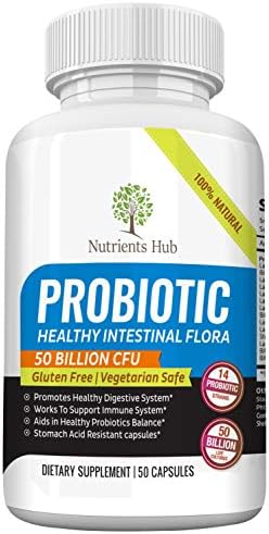 Nutrients Hub Probiotics 50 Billion CFUs 14 Strains, 1 High Potency Organic Supplement | All Natural, Gluten Free, Non-GMO Vegan Flora Digestive Probiotics for Women Men Kids Enteric (50 Capsules)