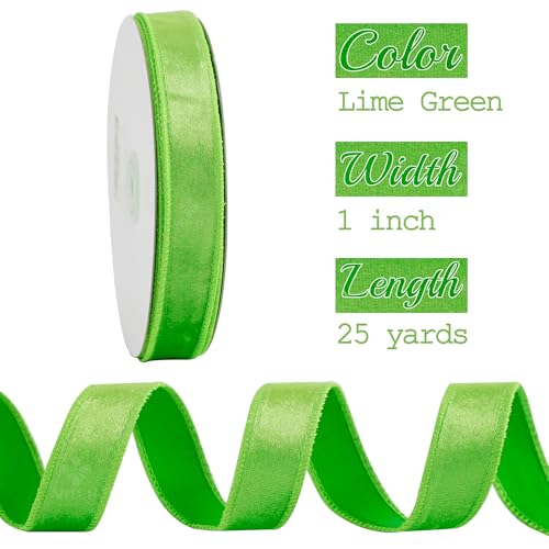 MEEDEE Lime Green Velvet 1 inch Thin Velvet Wired Ribbon 25 Yards Spool Vintage Christmas Ribbon for Gift Wrapping, Tree Garland, Wreaths, Bows, Crafts Supply by MEEDEE - Used condition - Image 2