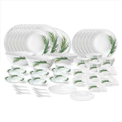 Image of Larah by Borosil Crescent Fluted Series Opalware Dinner Set | 66 Pieces for Family of 6 | Microwave & Dishwasher Safe | Bone-Ash Free | Crockery Set for Dining & Gifting | Plates & Bowls | White