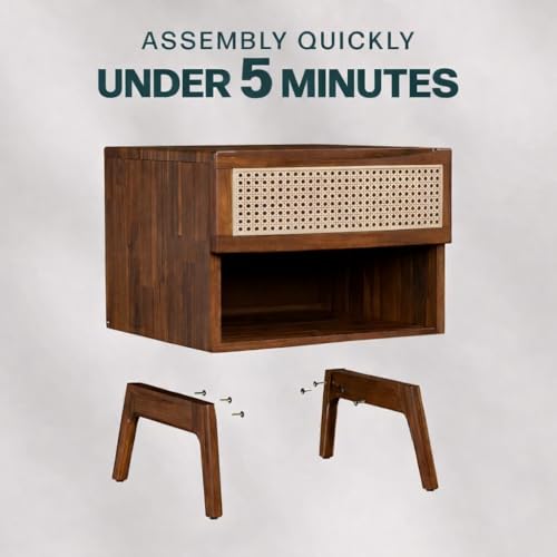 Image of Premium Solid Wood Cane Bedside Table with 1 Cane Drawer & Open Shelf | Handcrafted Rattan Nightstand for Bedroom Hotel Living Room (Walnut Finish)