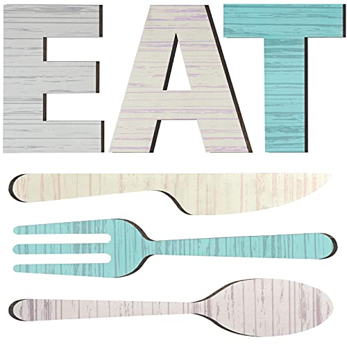 Ruisita 6 Pack Wood Eat Sign Fork and Spoon Wall Decoration Rustic Wooden Eat Letters Decoration Farmhouse Hanging Wall Decor for Home, Kitchen, Restaurant, Classic Colors, Gray, Natural, Green