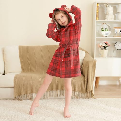 GuoChe Bathrobe For Kids Girls Stripe Plaid Hooded Robe For Kids4
