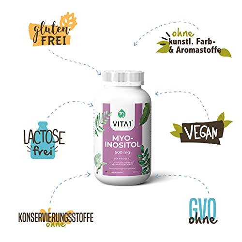 Myo-Inositol 500mg • 180 Kapseln (3 Monate Vorrat) • Myo-Inositol-Kapseln von Vita1® sind besonders für Veganer und Vegetarier