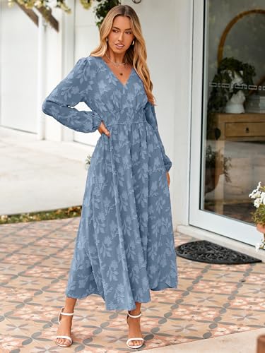 Image of Simplee Womens Boho Floral Long Sleeve Maxi Dress V Neck Empire Waist Fall Wedding Guest Dresses with Pockets