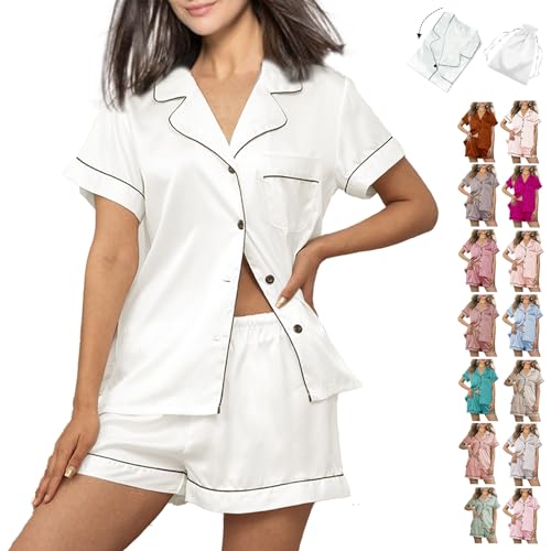 Image of WJing Yi Jia Womens 3Pcs Floral Pajamas Sets Silk Satin Sleepwear XS~4XL Button Down Short Sleeve Shirt Pjs Loungewear