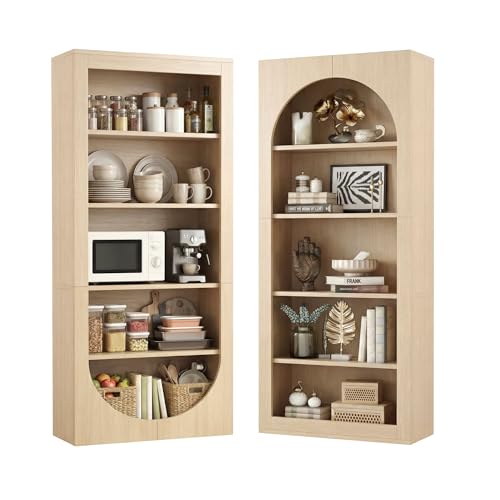 Image of 71 inch Arched Bookcase, 5-Tier Reversible Farmhouse Shelf | Reversible arch. 5 shelves. 50 lb per shelf. 11.81 inchD x 29.5 inchW x 71 inchH. Light brown finish.