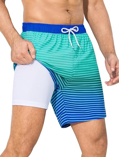 SILKWORLD Mens Swim Trunks with Compression Liner 6 Inch Inseam Quick Dry Beach Shorts Bathing Suit with Zipper Pockets