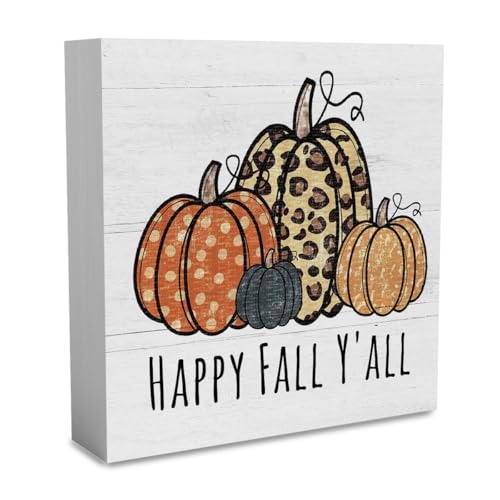 Rustikales Holz-Schild mit Aufschrift "Happy Fall Y'All Harvest Punpkins", Bauernhaus-Herbst-Kunstwerk-Dekor, quadratisches Schild für Schreibtisch, Zuhause, Regal, Büro, Dekoration, 12,7 x 12,7 cm