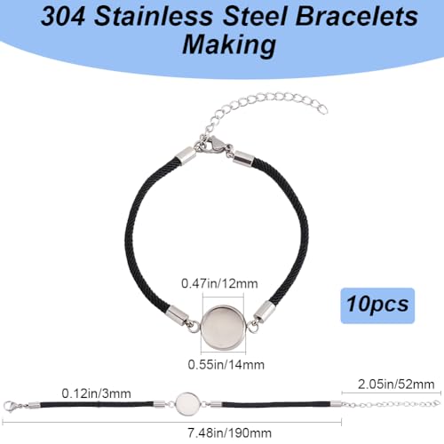 Beebeecraft 1 Box 10Pcs Bracelet Bezel Settings 304 Stainless Steel Bezel Blank Tray with Black Milan Cord for Jewellery DIY Craft Making - Image 2