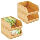 mDesign Bamboo Stackable Food Storage Organization Bin Basket - Wide Open Front for Kitchen Cabinets, Pantry, Offices, Closets, Holds Snacks, Dry Goods, Packets, Spices, Teas - 4 Pack - Natural Wood