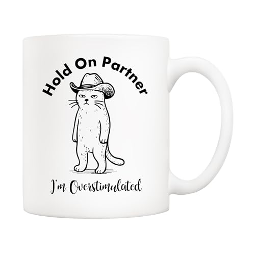 5Aup Funny Gen Z Sheriff Whiskers Cowboy Cat Mug – 11oz Coffee Cup Gift with 'Oh Partner, I'm Overstimulated' Slogan – Office Humor Ideal for Cat Lovers & Mental Health Advocates