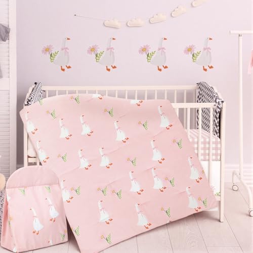 Image of Oudain 4 Piece Goose Crib Bedding Set Including Goose Crib Skirt, Blanket, Sheet and Diaper Stacker, Soft Neutral Nursery Standard Size Baby Bedding for Baby Girls and Boys