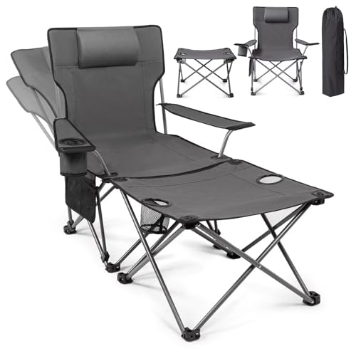 Image of apollo walker Reclining Beach Chair, Adjustable 90-135 Backrest Camping Lounge Chairs for Adults, Folding Chair with Foot Rest & Detachable Pillow - Upgraded 8-Leg, Grey