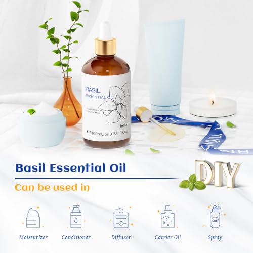 Image of HIQILI Basil Essential Oil for Aromatherapy Diffuser, Hair Care | Perfect for bedroom, yoga, skin care. Promotes calm relaxation, body massage, DIY soap and candle - 100mL / 3.38 fl.oz