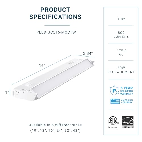 PARMIDA LED Swivel Under Cabinet Lighting, Hardwired or Plug-in Installation, 16 Inch, 10W, 5CCT Color Selectable - 2700K/3000K/4000K/5000K/6000K, Rotatable Lens, Dimmable, Linkable, 120V, 800LM, ETL by Parmida LED Technologies - Used condition - Image 2