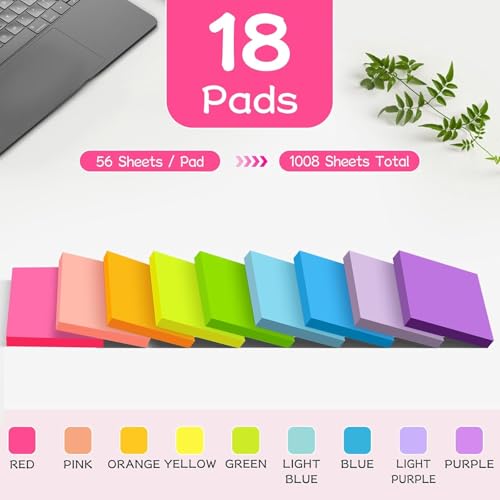 Image of 18 Pads Sticky Notes 76 mm x 76 mm Sticky Notes for Writing on Easy to Write On Re-Stickable Super Sticky Notes for School, Home, Office