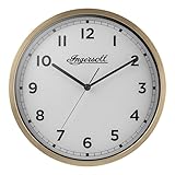 Ingersoll Reloj de Pared analógico, fácil de Leer, 30 cm de diámetro en Caja de Color Dorado con Esfera Blanca