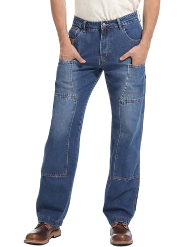 Mens Carpenter Jeans Double Knee Denim Cargo Pants Relaxed Fit