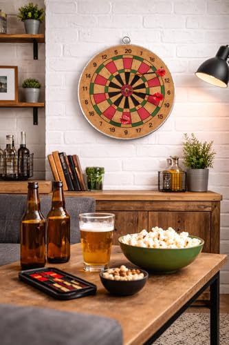 Image of Leosportz Dart Board 14 Inches | Double-Sided Wooden Dartboard with Cork Surface | Steel Tip Darts Included | Indoor & Outdoor Dart Game for Kids & Adults (Wodden Board, 14 inch)