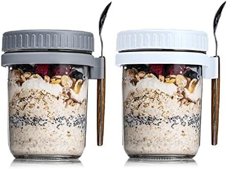 Overnight Oat Container with Lid and Spoon Set, 10 oz Large Airtight Oatmeal Container with Measure Marks Cereal, Milk, Vegetable and Fruit Salad Storage Containers (white and grey)