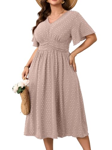 Image of RWJ Women's Plus Size Maxi Dress V Neck Short Sleeve Swiss Dot A Line High Waist Boho Swing Casual Summer Dresses