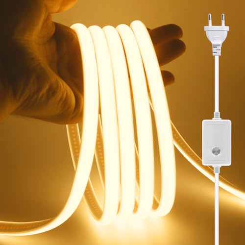 XUNATA Dimmable Ruban LED COB, 220V 288 LEDs/m Flexible Led Bande Neon Bandeau, Étanche IP65 LED Bande Lumineuse pour Escalier, Chambre, Noël, Fête, etc (Blanc Chaud,2M)