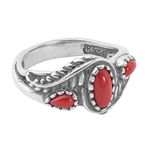 American West Sterling Silver Red Coral Gemstone Leaf Rosette Design 3-Stone Ring Size 8