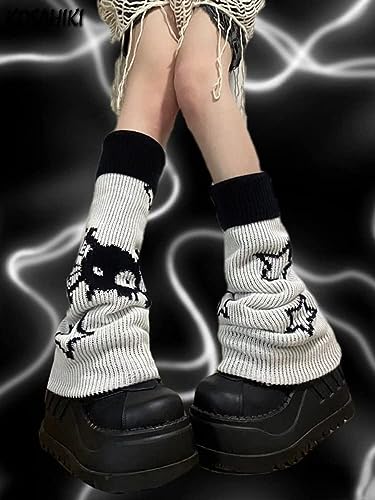 heyheyshine Y2k Star Skull Print Two Side Wear Knitted Leg Warmers Socks Punk Girls Japanese Kawaii Streetwear Leg Cover2