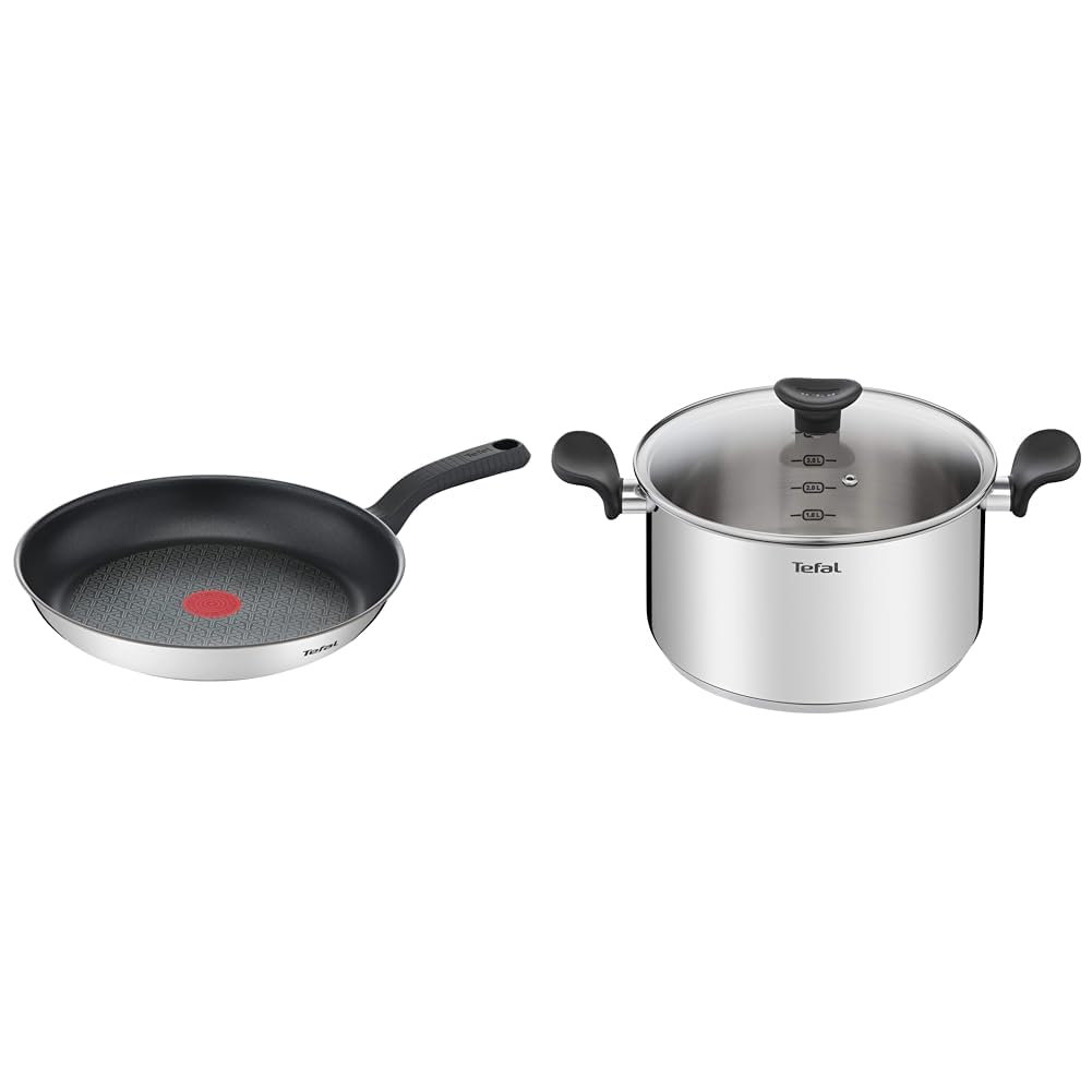 TEFAL Poêle 30 cm, Induction, Revêtement antiadhésif, Acier inoxydable haute qualité & Faitout 24 cm (5 L) + couvercle verre, Induction, Acier inoxydable haute qualité