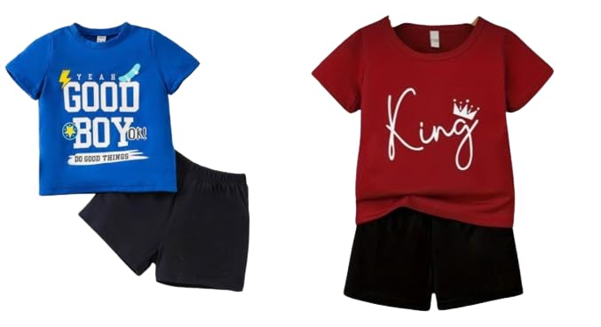JPF Unisex Kids 100% Cotton Graphic Print Round Neck Blue Good Boy & Red King Half Sleeve T-shirt & Black Short Set