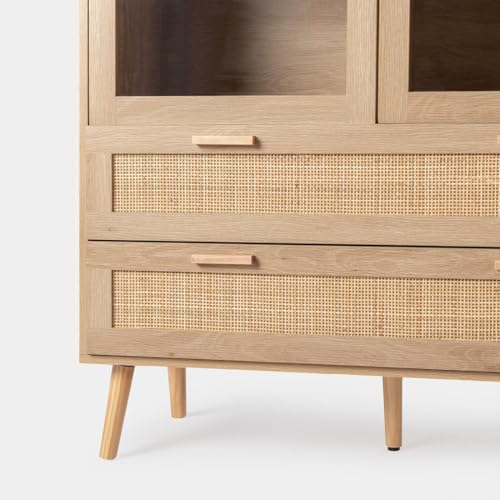 KLAST Vitrina en Madera y ratán Natural con Dos Puertas acristaladas, Tres estantes y Dos cajones para Almacenamiento. Medidas: 100 cm x 170 cm - imagen 5