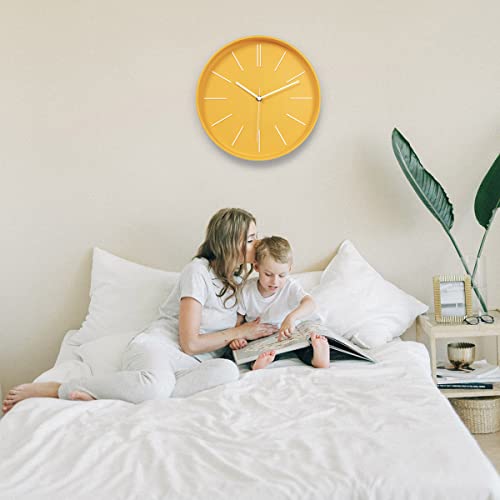 Modern Wall Clock,12 Inch Round Bright Colorful 3D Wall Clocks,Easy To Read,Silent Non Ticking Quartz Battery Operated For Kitchen,Living Room,Bedroom,Family Room,Dining Room,Kids-Room(Yellow) #TOP5