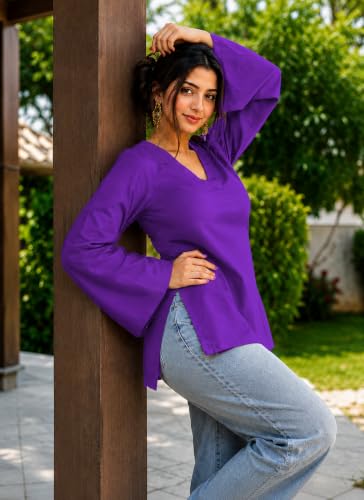 Image of Women's Cotton Short Kurti Black Solid Plain V Neck Full Bell Sleeve Casual Stylish Short Kurta for Women for Jeans Daily Girl Top