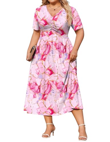 INVOLAND Plus Size Summer Dresses for Women 2026 Short Sleeve Casual Midi Dress Beach Vacation Sundresses with Pockets Pink Floral