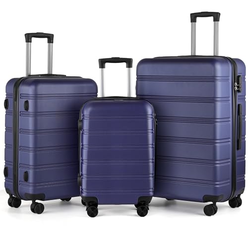 TANTOMI Kofferset 3 Teilig Hartschale aus ABS– Kofferset 20/24/28 Zoll, Reisekoffer mit 4 Drehbaren Rollen und 3 Stelige-Zahlenschloss (Gepäck-Sets–M-L-XL, Dunkelblau)