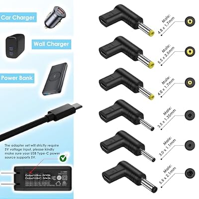 Kado USB Type-C to DC 6 Adapter Set, 90 Degree 5V Female USB-C to Male DC Barrel Connector 3.0x1.1mm 3.5x1.35mm 4.0x1.7mm 4.8x1.7mm 5.5x2.1mm 5.5x2.5mm, Charging Plug for Router, LED Light and Speaker