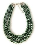Caprilite Womens Faux Pearl 3 Layer Multi Strand Necklace Statement Bib Bead (Olive Green)