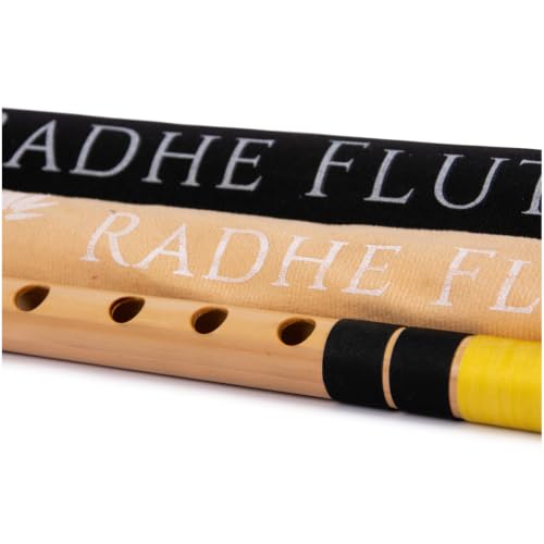 Image of Radhe Flutes Bamboo Bansuri C Sharp Right Handed Middle Octave (18 inch) With Hard Cover (Beige Flute With Black & Yellow Threads)