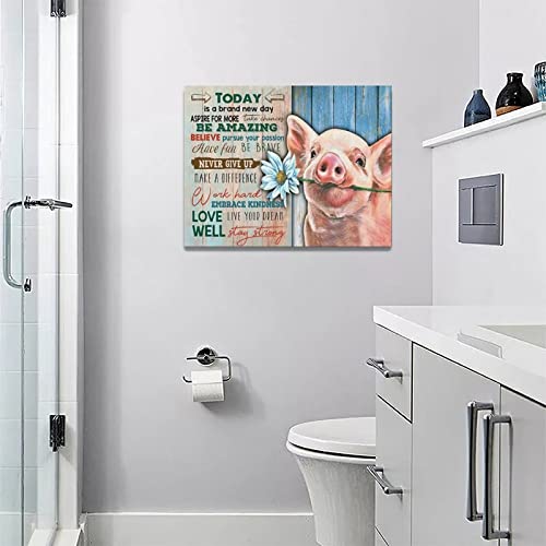 Pig Wall Art Rustic Pig Daisy Wall Decor Motivational Farmhouse Animal Pictures Print Painting Farm Country Framed Canvas Artwork Home Decor For Bedroom Living Room Kitchen 12"X16" #TOP5