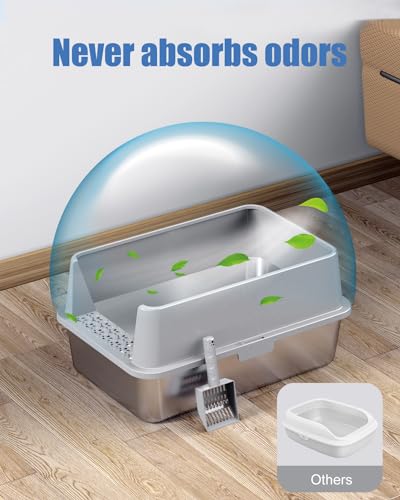 Stainless Steel Litter Box, Metal Litter Box with Lid High Sides, XL Extra Large Litter Box for Big Cats, Never Absorbs Odors, Leak-Proof, Stain-Free, Rust-Free, Easy to Clean, Scoop Included… - Thumbnail 3
