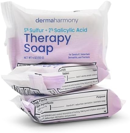 Dermaharmony 5% Sulfur 2% Salicylic Acid Bar Soap 4 oz โ Crafted for those with Seborrehic Dermatitis, Dandruff, and Psoriasis (3 Pack)