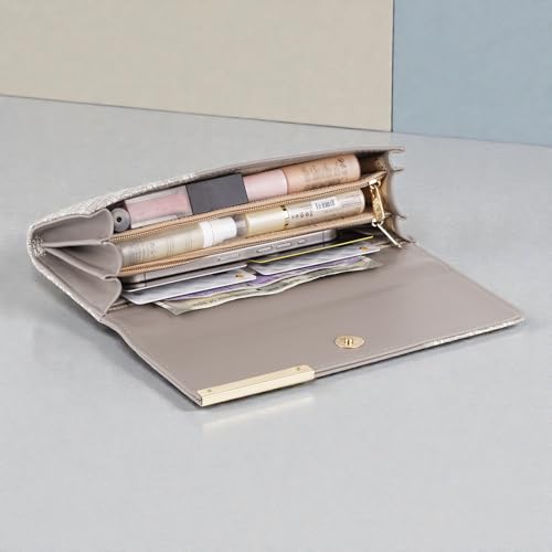 Image of Wallet for Women Girls Stylish Floral Faux Leather with Phone Space Coin Compartment Mobile Storage 4 Card Slots Holder Cash Zip Pockets Hand Clutch for Daily Use Ladies Long Purse (Grey)