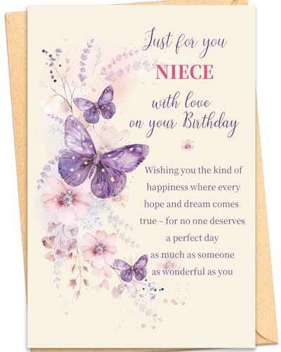 Mirelia Birthday Card for Niece Beautiful Floral Butterfly Design with Sentimental Verse Elegant Female Card for Her 20.5 x 13.5 cm with Envelope