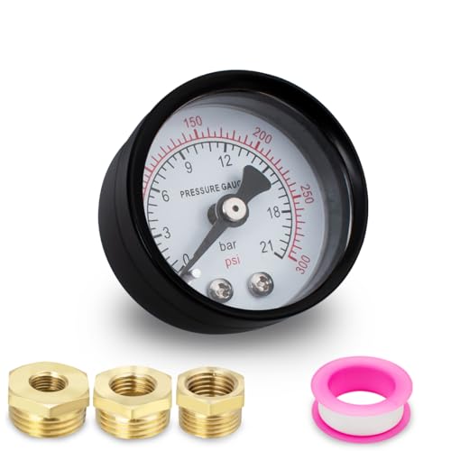 Image of Innfeeltech 1 Pcs 40mm Well Pump Pressure Gauge BSP 1/8" 0-21 Bar 0~300 Psi with 3 Pieces Bushing 1/8" to 1/4", 1/8" to 3/8" and 1/8" to 1/2" One Teflon Tape, Axial